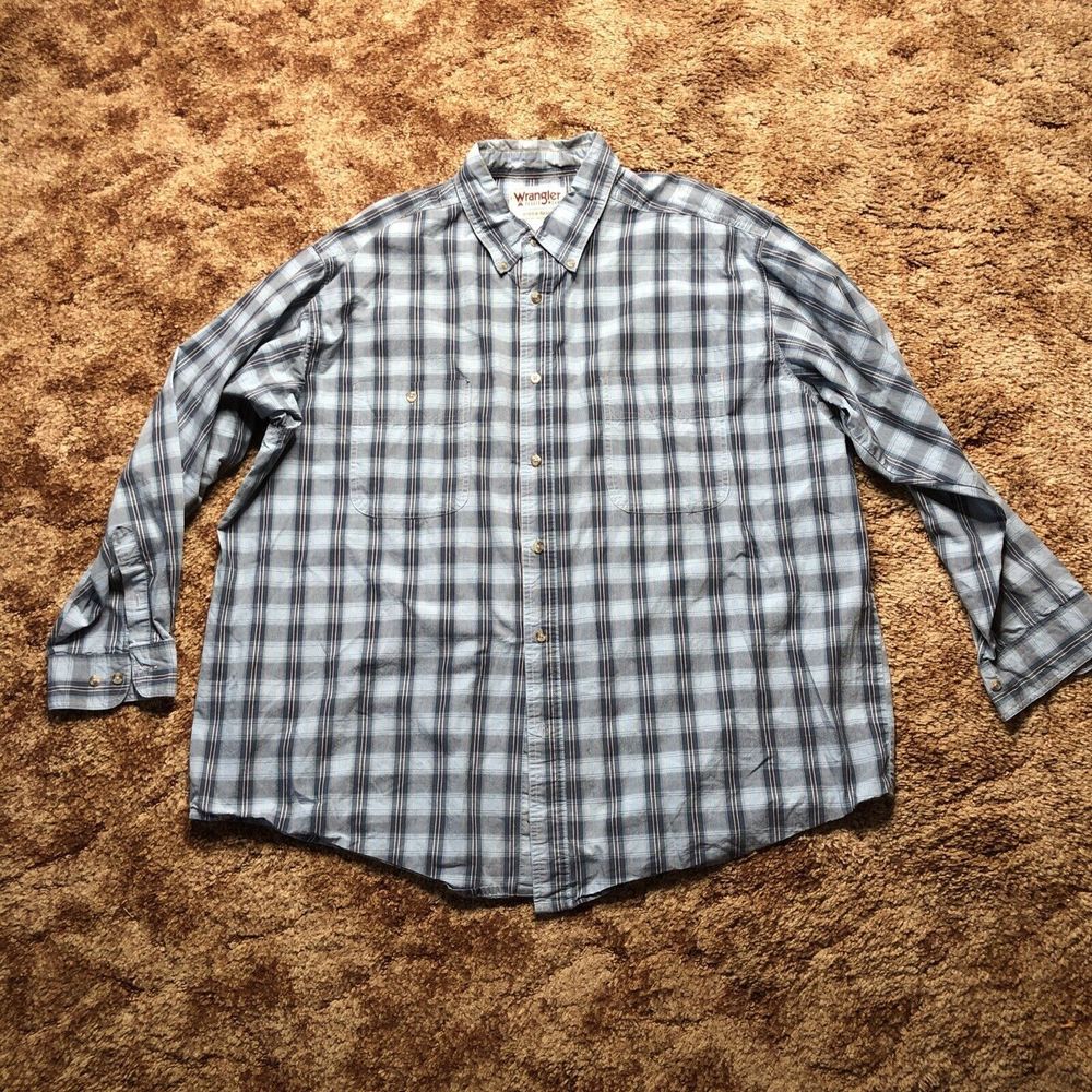 Wrangler Shirt Rugged Wear Mens 2XL Wrinkle Resist Long Sleeve Button Down Blue